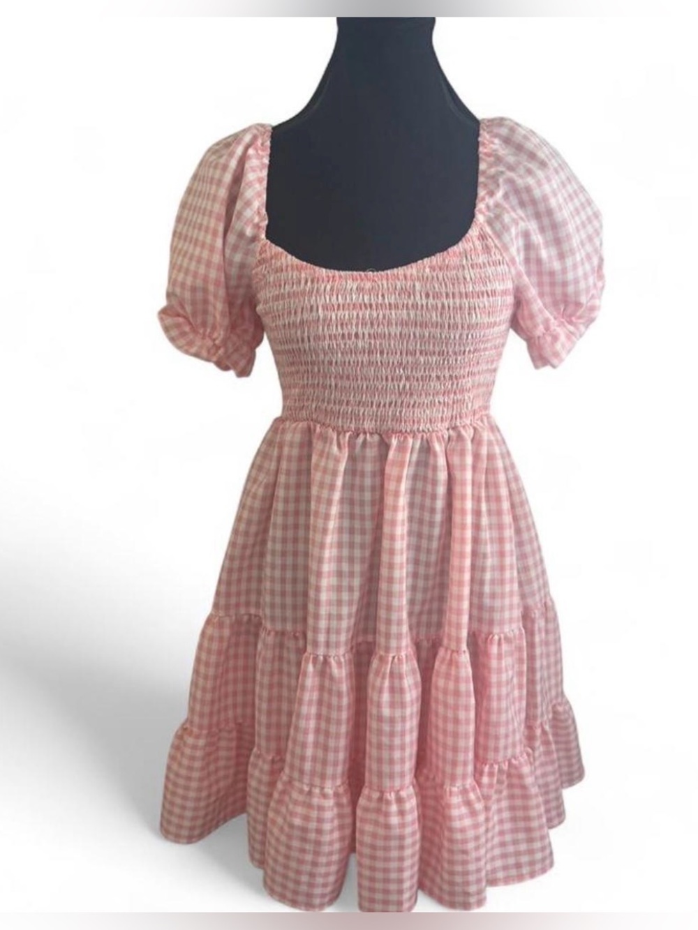 Pink Gingham Smocked ruffled  women’s dress size small